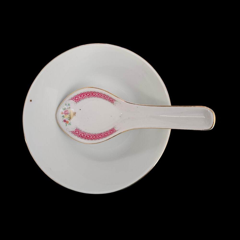 Vintage Chinese Porcelain Rice Bowl & Soup Spoon Pink Floral Gold Trim Set
